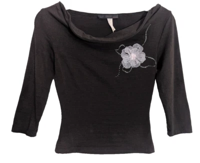 Top ajustado y2k MCM marrón oscuro estrás con cuentas manga 3/4 talla PS pequeño K2 Foto 1 de 4