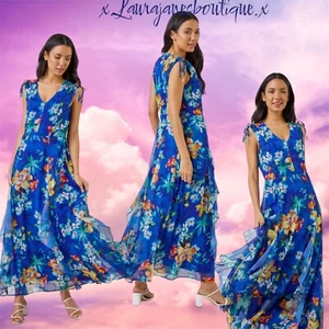Roman size 14 Blue Floral Print Chiffon Frill Maxi Dress Wedding Stunning BNWT - Picture 1 of 6