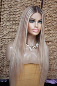 Echthaar Perücke Front Lace Wig glatt highlights ombre blond mittelblond braun - Bild 1 von 24