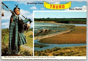 Postcard Nova Scotia Greetings from Truro NS Dual View Bagpiper Tidal Bore - Picture 1 of 2