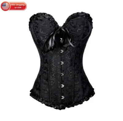 Women Sexy Lace Up Floral Boned Overbust Corset Bustier Lingerie Bodyshaper Tops - Image 1 of 4