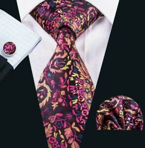 Krawatte aus reiner Seide Manschettenknöpfe & Taschentuch Set braun rosagold Blumenmuster