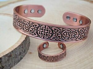 Solid Copper Magnetic Bracelet & Ring Set Arthritis Men Cuff Ring Celtic