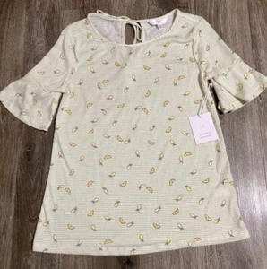 NWT Lauren Conrad Lemon Print Yellow Striped Flared Sleeve Women's Top XS Shirt - Picture 1 of 5