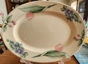 Garden Party Platter Chop Plate 12" Oval Pfaltzgraff Stoneware White Green Pink! - Picture 1 of 11