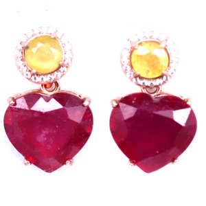 925 Sterling Silver 12 x 13 MM. Red Ruby, Yellow Sapphire, White Zircon Earrings - Picture 1 of 4