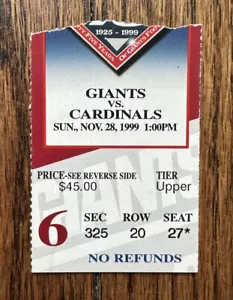 Biglietto calcio 28 novembre 1999 NY Giants NFL Stub vs Cardinals - Plummer 2 TD - Foto 1 di 2