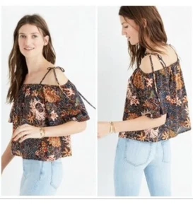 Madewell Cold-Shoulder Top Floral Womens Sea Floral Flutter 100% Silk Size S - Picture 1 of 12
