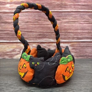 Vintage Halloween Fabric Bucket Cat Pumpkin Candy Corn Trick Treat Rare - Picture 1 of 7