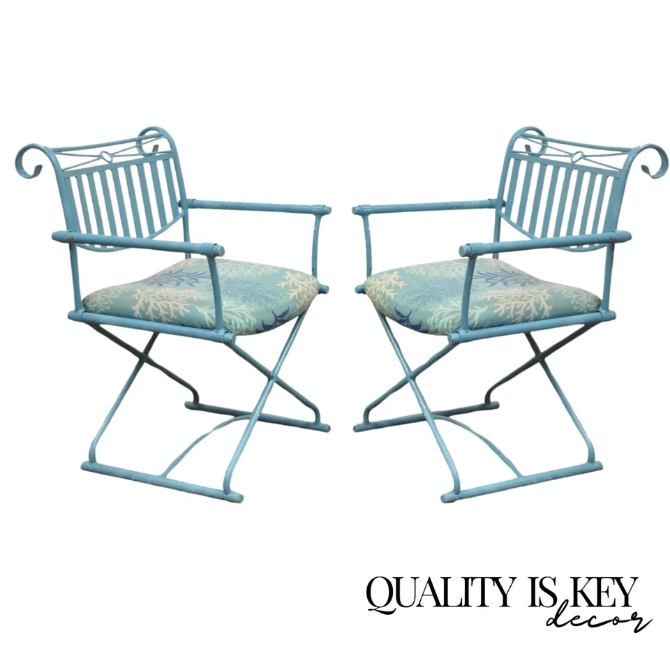 Vintage Hollywood Regency X-Frame Blue Iron Curule Directors Arm Chairs B - Pair Foto 1 de 4