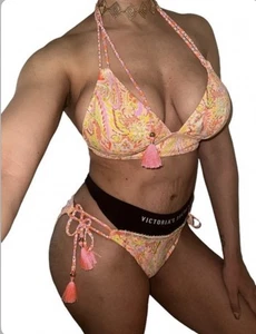 Victoria's Secret Y2K Tassel Boho Print Damen L Badeanzug Logo Set Bikini Vintage - Bild 1 von 8