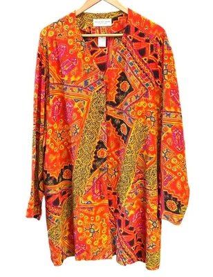 Camisa bohemia de seda vintage August Silk Diane Gilman con botones retazos talla 22 Foto 1 de 4