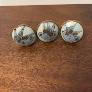 3x VTG Ken Edwards Tonala Pottery Drawer Knobs Handpainted Blue Birds Mexico - Picture 1 of 8