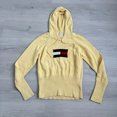 Vintage Tommy Hilfiger Womens Hooded Rib Knit Sweater Flag Logo Y2K 90s Yellow - Image 1 of 4