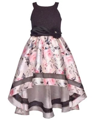 NEW Bonnie Jean Girls Size 14 "BLACK PINK FLORAL" Sparkle Knit Mikado Dress NWT - Image 1 of 4