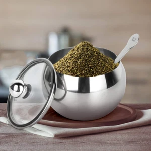 Stainless Steel Sugar Bowl with Lid & Spoon Spices Storage Pot Container Kitchen - Picture 1 of 12