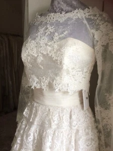 Lace bridal bolero back buttons boat neck sparkly beading long lace sleeves 8 10 - Picture 1 of 8