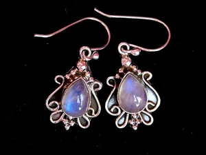 925 Silver Tibet Earrings RAINBOW MOONSTONE 5.60 Grams 925 Solid Silver 1.50" - Picture 1 of 7