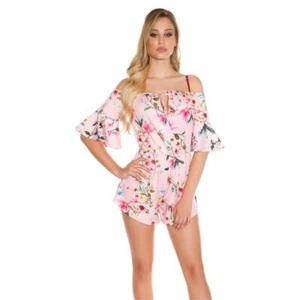 Sommer Carmenausschnitt Overall Playsuit mit Blumen Rosa 34/36/38 #OV401 - Bild 1 von 5