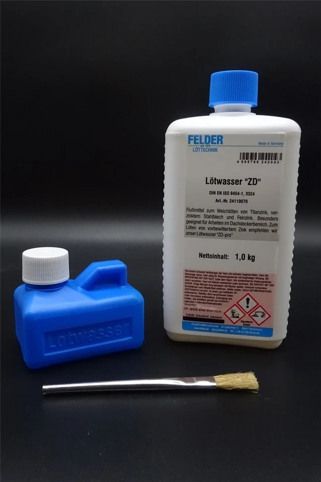 FELDER LÖTTECHNIK Lötwasser 1Kg Felder ZD + Lötwasserflasche+Pinsel Feinzink Titanzink Zink #