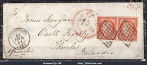FRANCE N° 5x2 SUR LETTRE POUR THURLES IRLANDE GRILLE DU 19/02/1851 SIGNÉ CALVES - Picture 1 of 2