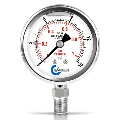 2-1/2" Pressure Gauge, ALL STAINLESS STEEL, Liquid Filled, Lower Mnt, 15 Psi - Image 1 of 4