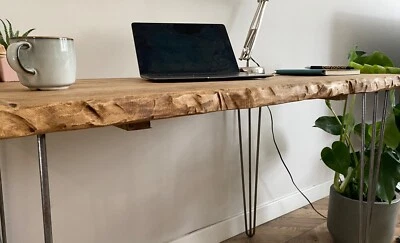 FORET Live Edge Industrial Rustic Solid Wood Hairpin Leg Desk Table Handmade UK - Image 1 of 4