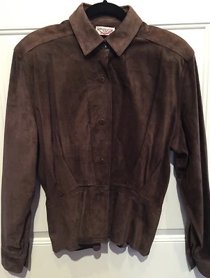 Chaqueta ajustada manga larga de colección de cuero gamuza marrón exclusiva de Neiman Marcus talla 6 Foto 1 de 4