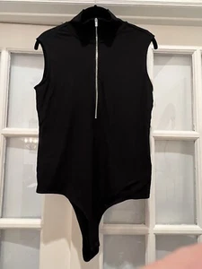 Ellie Tahari Black Ribbed Sleeveless Shirt Top Bodysuit Zipper Rayon Spandex L - Picture 1 of 7