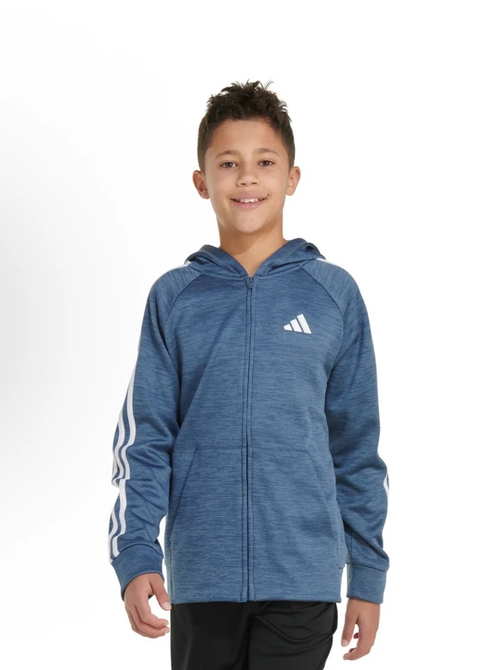 Adidas Boys Full Zip Fleece Hooded Track Jacket Sz L (14-16) Navy Blue 3-Stripe