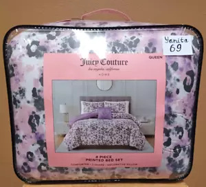 Juicy Couture 4 piece QUEEN Comforter Set Lilac/Pink/Grey/White Cheetah Print - Picture 1 of 6