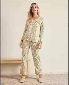 NWT XL Garnet Hill Full Length Asian Wrap Pajamas Gold Fields Floral Pattern - Picture 1 of 7
