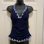 NWT Profile by Gottex Ruffled V-Neck Halter Swimsuit Tankini Top Women's 8 Blue