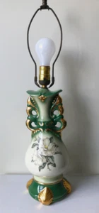 Vintage Ceramic Victorian Cottage Lamp Green Gold Magnolia Floral 23.5” Tall - Picture 1 of 13