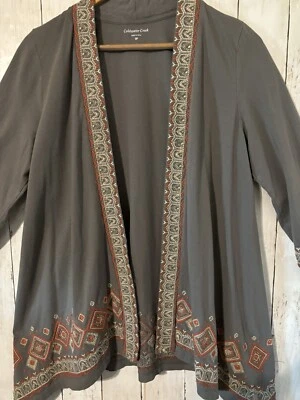 Coldwater Creek Boho Embroidered Gray Open Front Cardigan SZ SP Layering Piece - Image 1 of 4