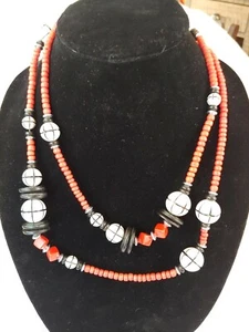 VTG Estate 80s Bead Beaded 45" Loop Long Necklace Bold Red White Black Silver - Picture 1 of 8