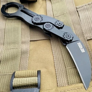 7" Military Tactical Black Quick Folding Karambit Curve Blade Pocket Knife - Picture 1 of 4