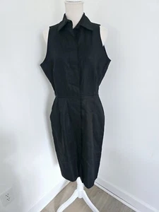 Abito CC Courtenay nero lino senza maniche colletto bottoni davanti midi vintage 14 L - Foto 1 di 12