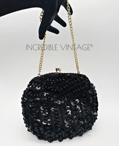 Vintage Black Sequin Beaded Evening Bag 50s Clutch Purse Made in Hong Kong Gift - Picture 1 of 7