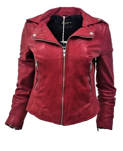 Women's Distressed Vintage Red Classic Leather Biker Jacket - Bild 1 von 3