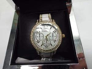 New Womens BEBE White 42mm Gold Stainless Steel Bracelet Watch Bling - Picture 1 of 2