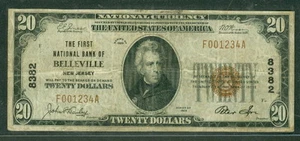$20.00 Billete de banco nacional primero nuevo en caja Belleville Nueva Jersey 1929 fr. #1802-1, fino+ - Imagen 1 de 1
