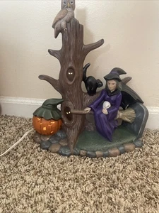 Vintage Cramer 1980 Keramik Halloween-Themenlicht - Jack-O-Laterne mit Hexe + Eule - Bild 1 von 8