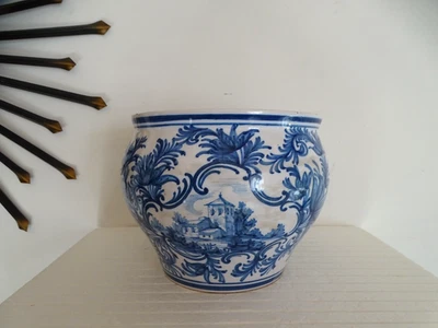 Cache pot ancien faience malicorne Emile Tessier decor paysage et fleurs - Photo 1/4