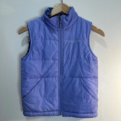 Chaleco acolchado reversible Columbia niñas púrpura floral polar niños aire libre 10/12 Foto 1 de 4