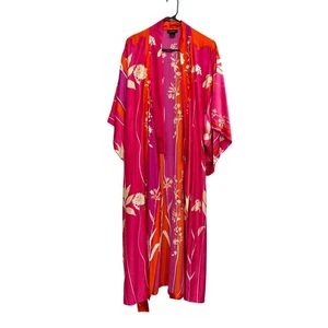 Natori Kimono Robe Floral Pink Orange Purple Long Sleeve Romantic Boho M - Picture 1 of 9
