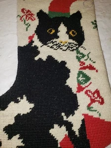 Vtg TUXEDO Cat Christmas Stocking Red VELVET Handmade Needlepoint Katha NY - Picture 1 of 6