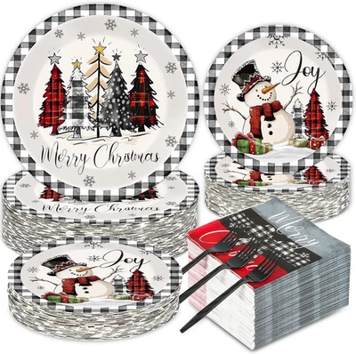 200 PCS Christmas Party Plates Napkins Farmhouse Tableware Set Buffalo Plaid Xma - Image 1 of 4