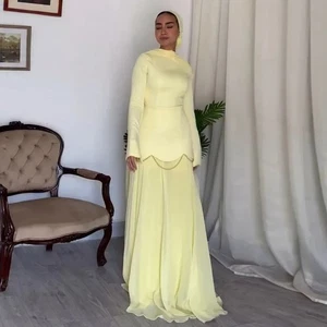 Evening Dress O-Neck Yellow Chiffon Skirt Satin Top Beaded Muslim Mermaid Prom - Picture 1 of 12