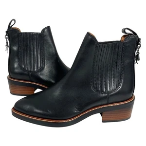 COACH Bowery Chelsea Black Leather Boots Rex Charm Bootie Womens SZ 5 Flaw #2 - Picture 1 of 9